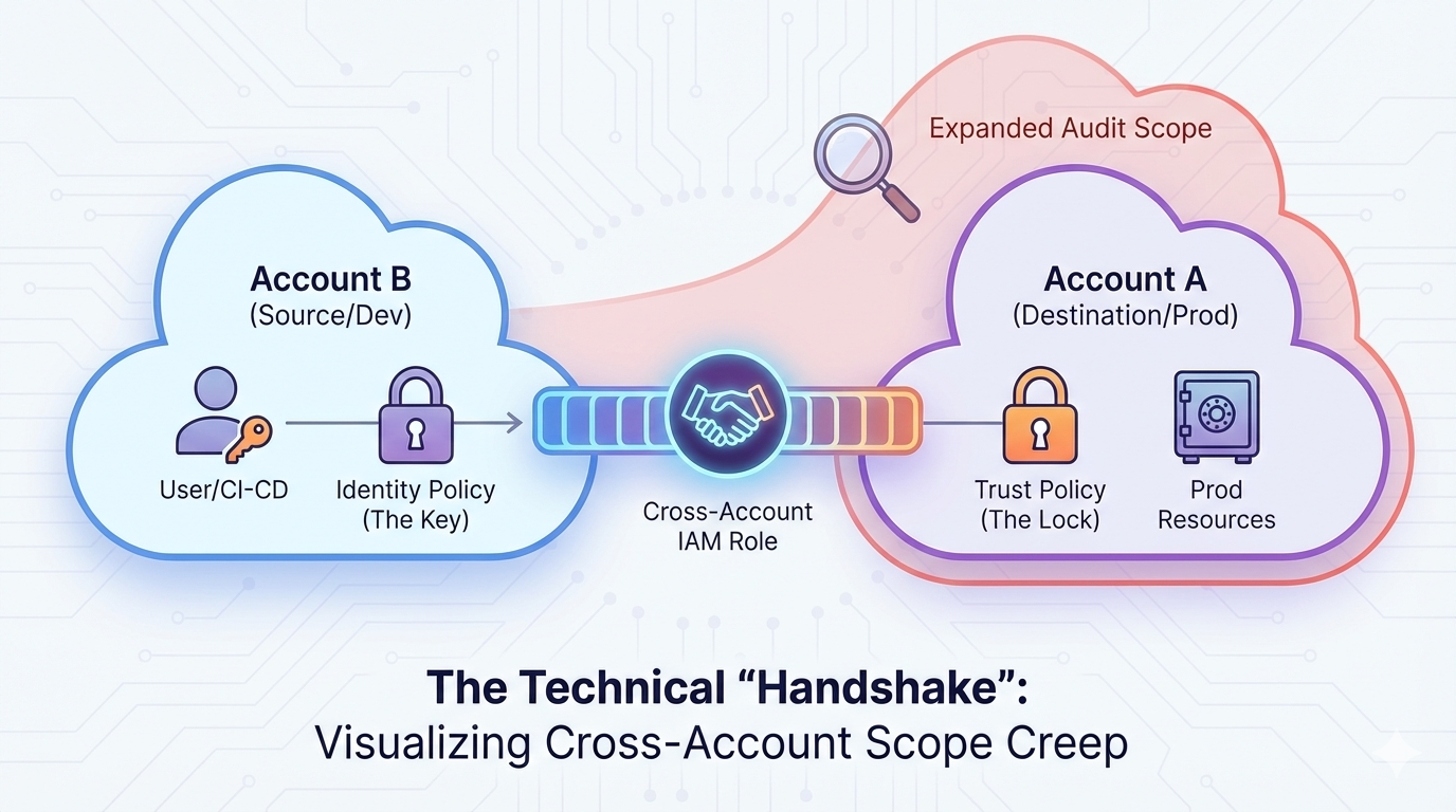 Diagram illustrating AWS cross-account IAM trust handshake showing identity and trust policies